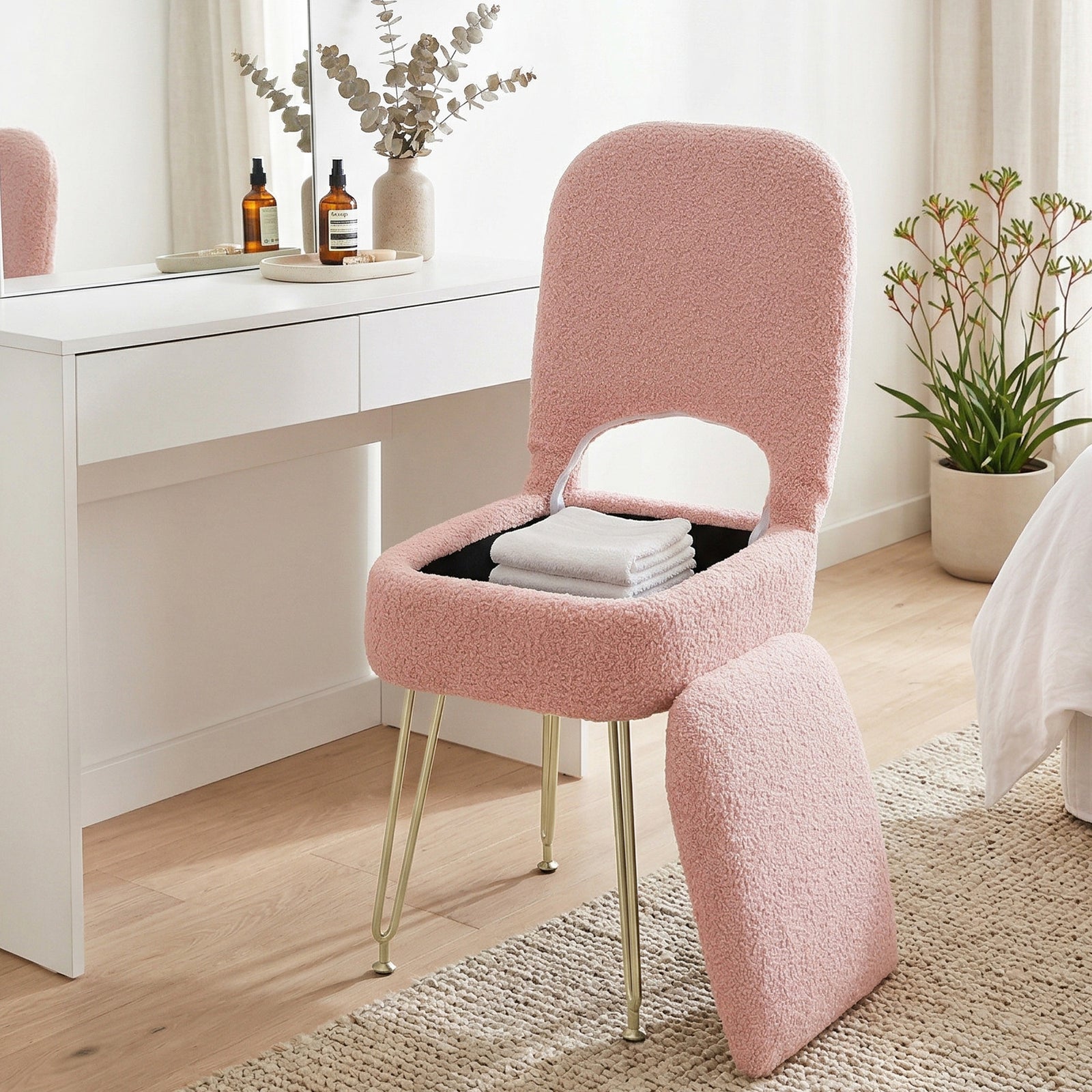 Vanity Storage Ottoman | Folding Back Foot Stool | Pink