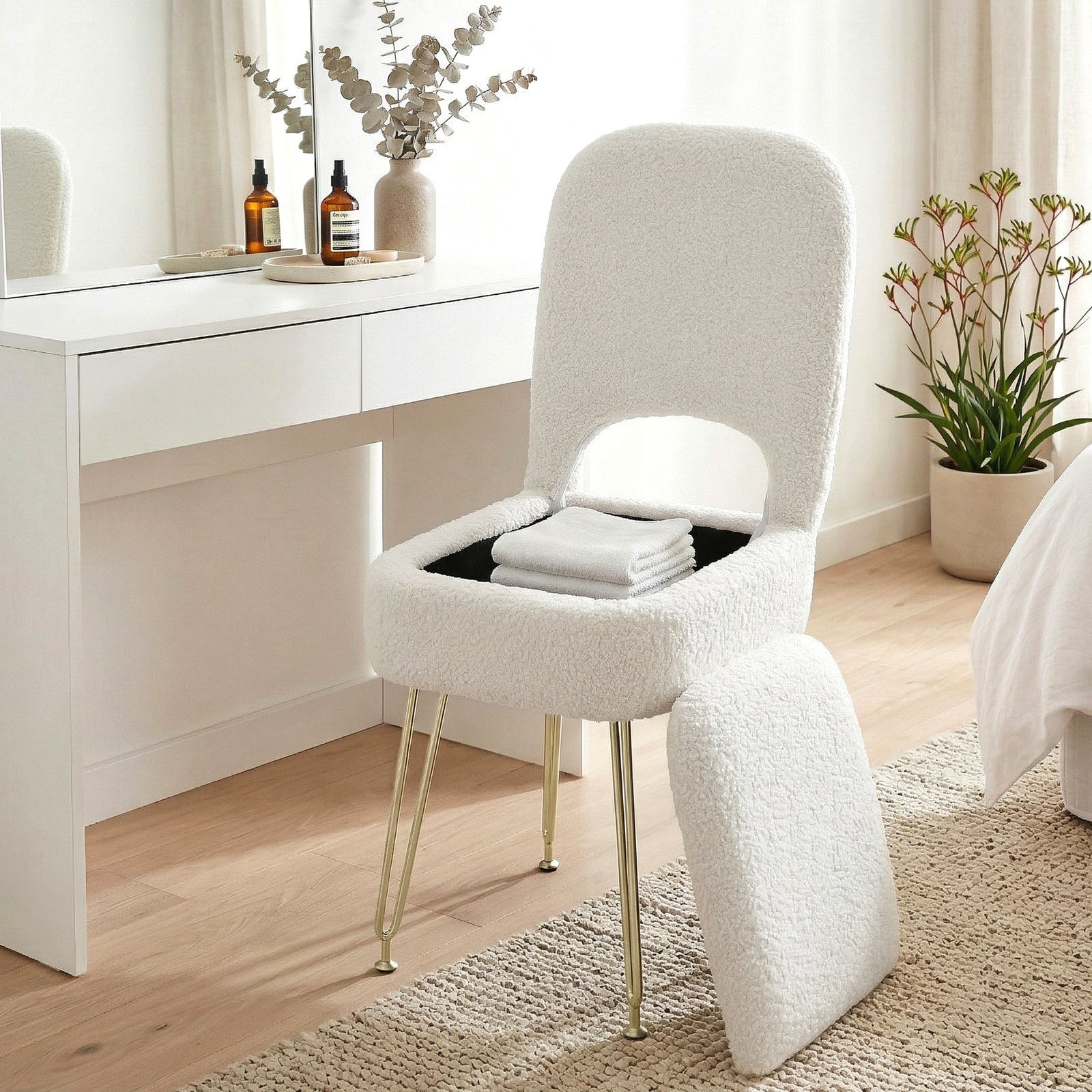 Vanity Storage Ottoman | Folding Back Foot Stool | White