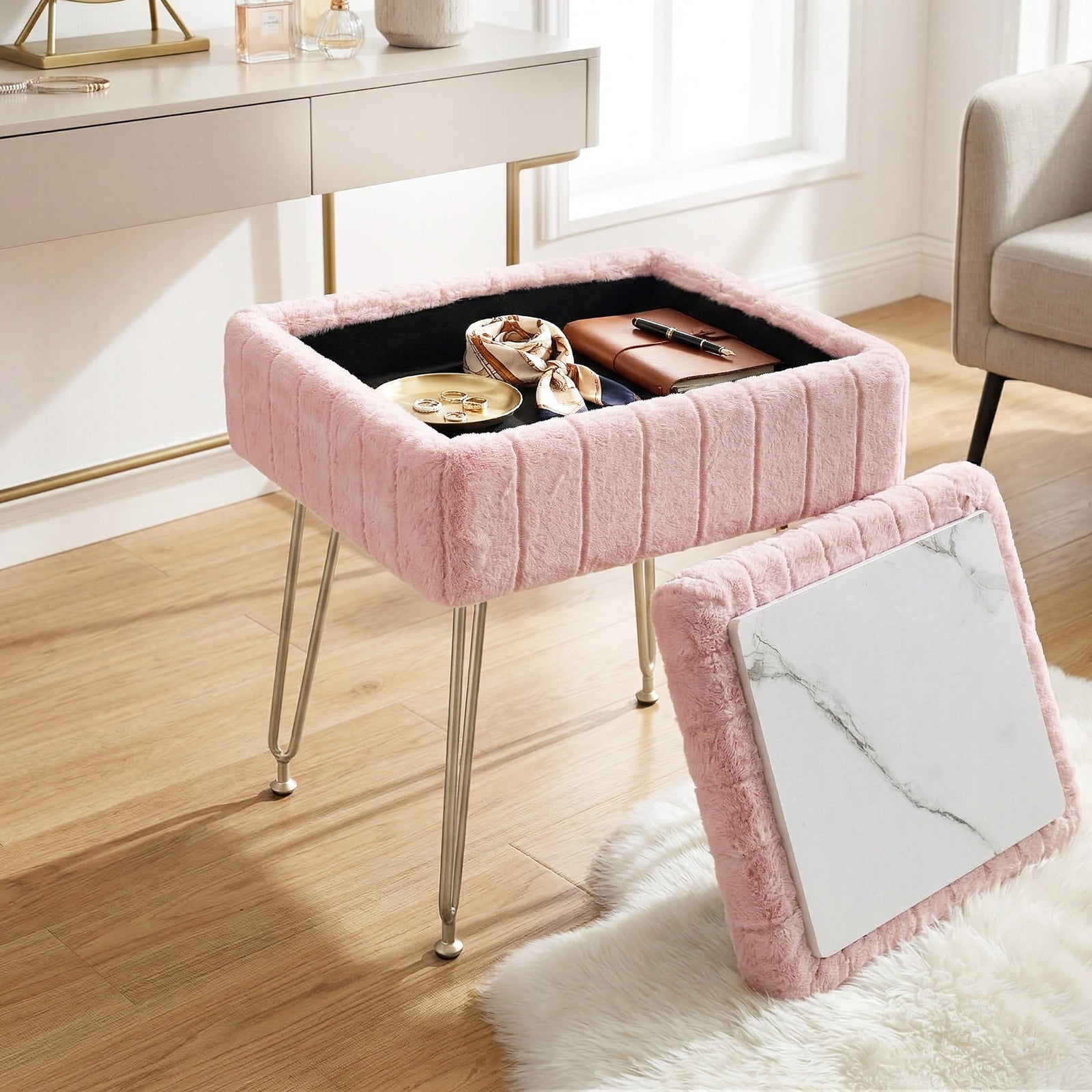 Vanity Storage Ottoman | Foot Stool | Pink
