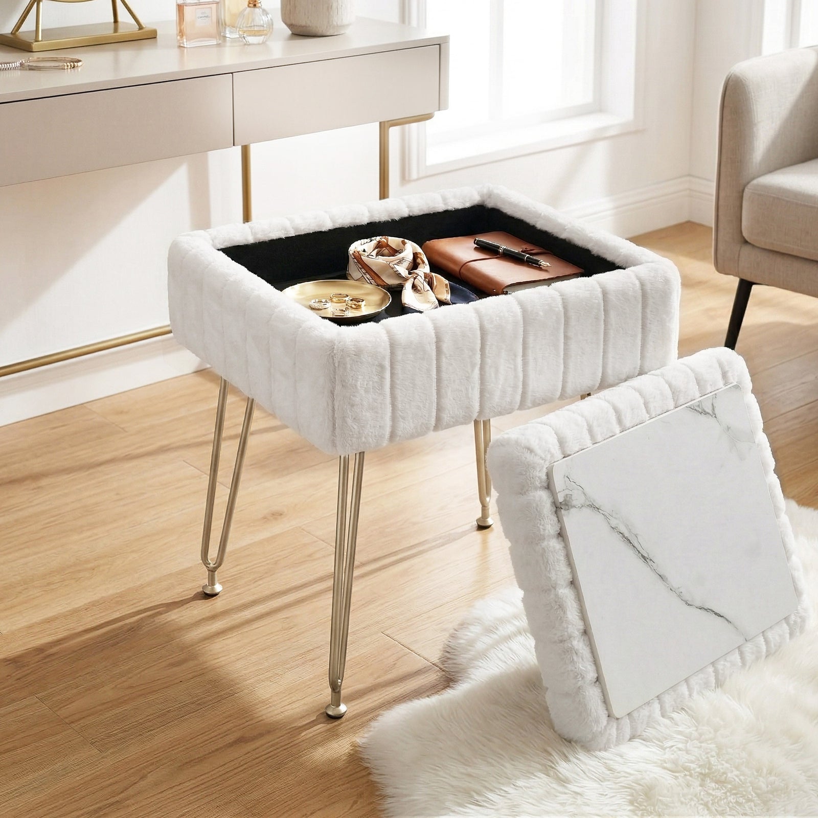 Vanity Storage Ottoman | Foot Stool | White