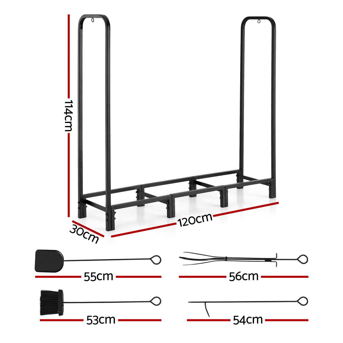 Firewood Rack | 120cm | Log Storage Stand + Tools | Black