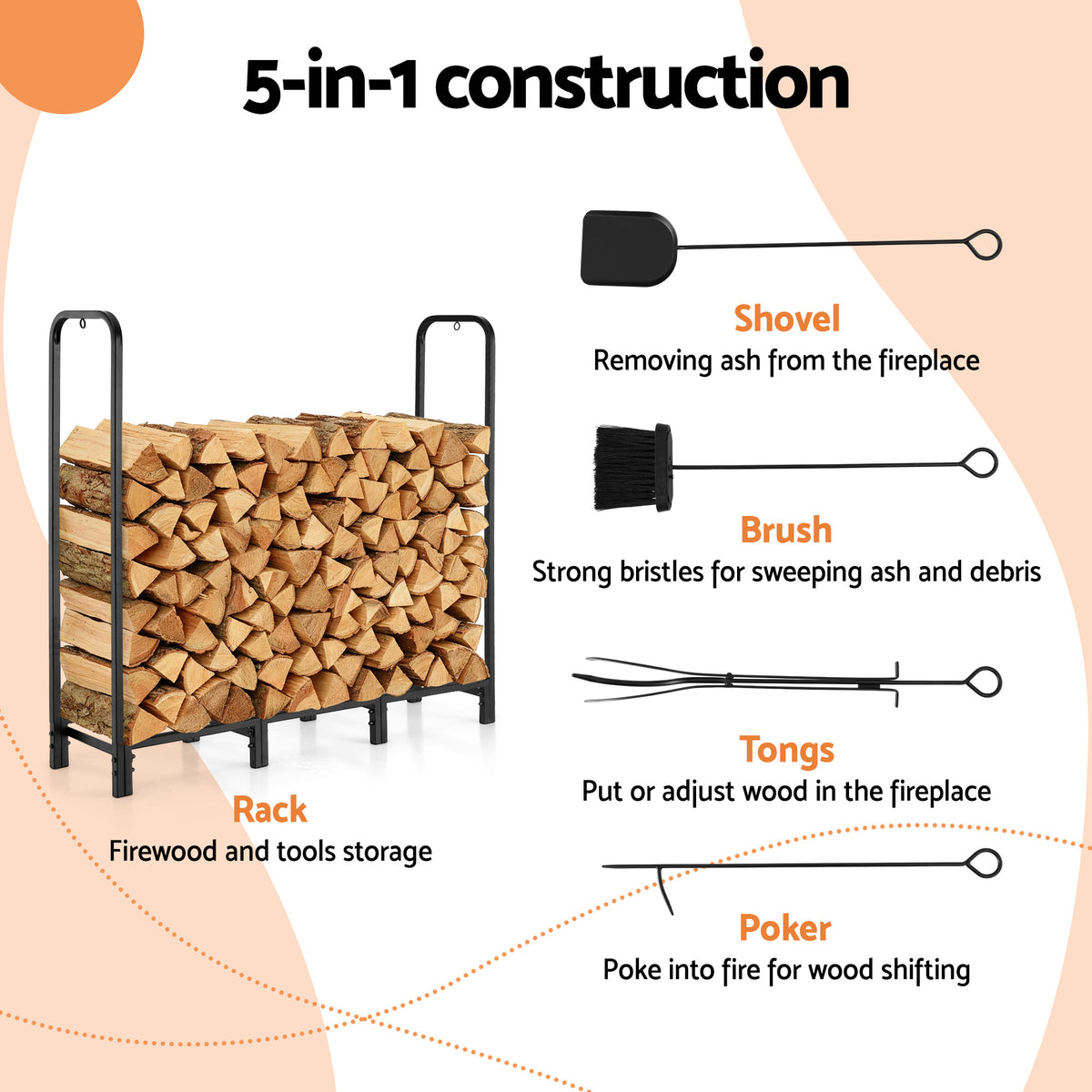 Firewood Rack | 120cm | Log Storage Stand + Tools | Black