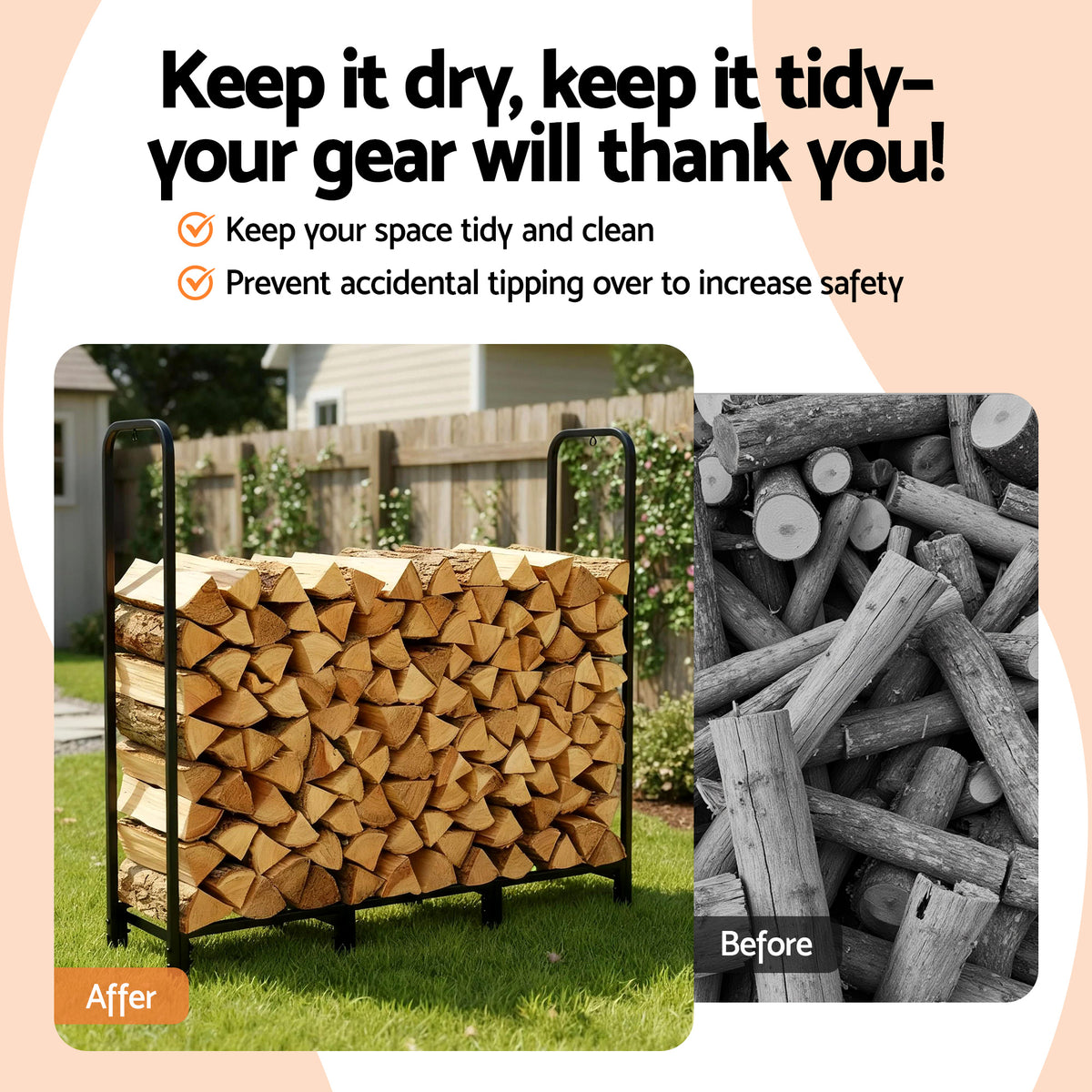 Firewood Rack | 120cm | Log Storage Stand + Tools | Black