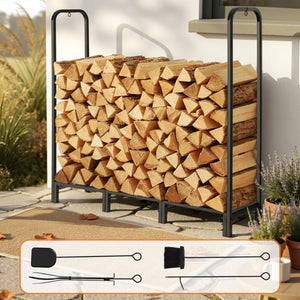 Firewood Rack | 120cm | Log Storage Stand + Tools | Black