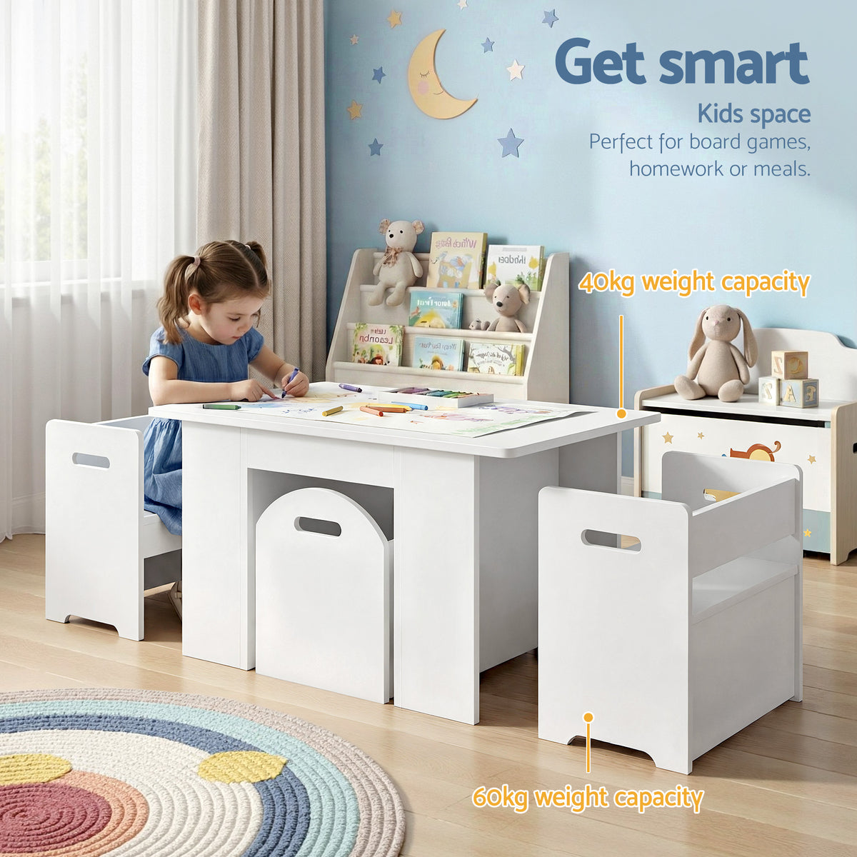 Kids Table & Chairs Set 3pc | Activity Desk | Toy Storage