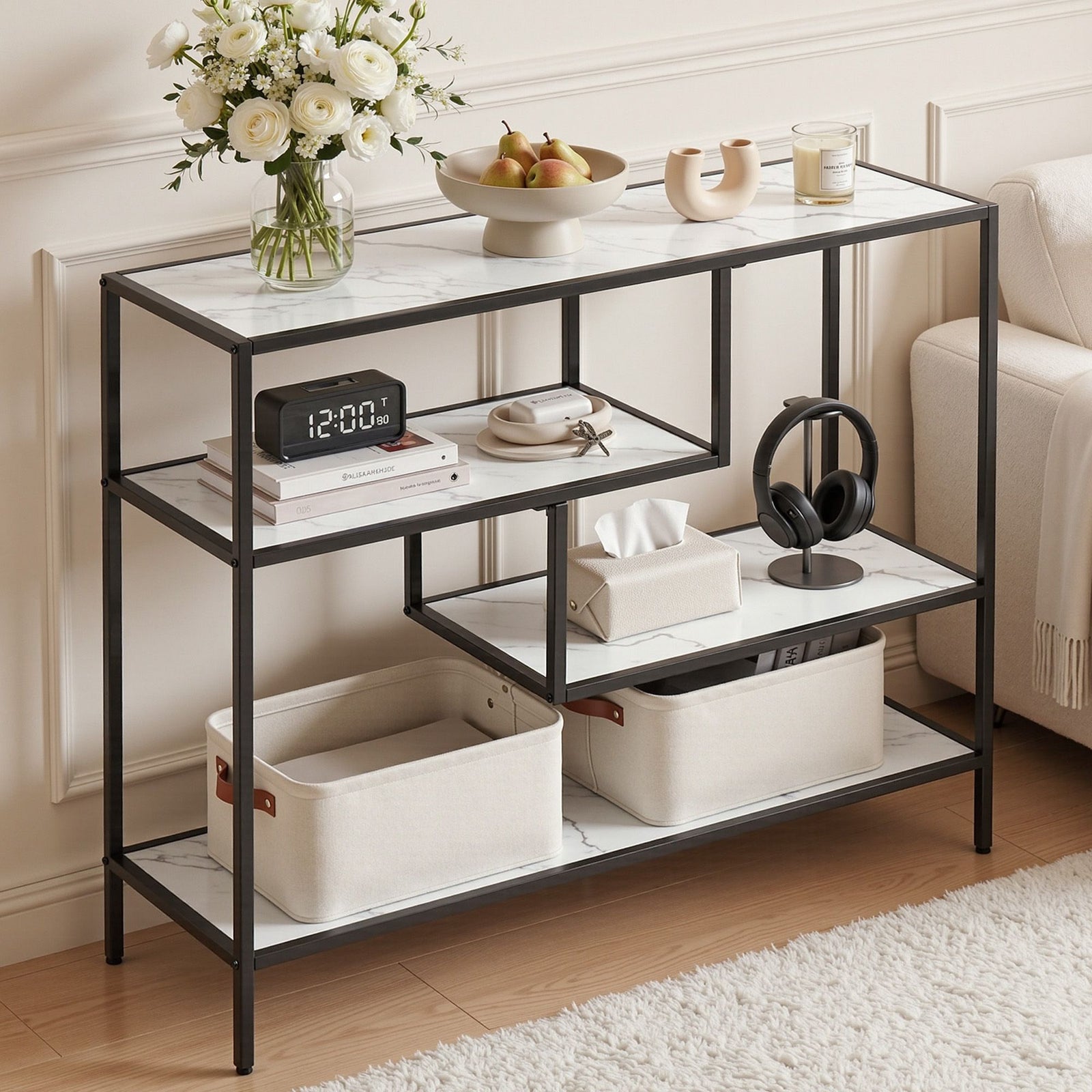 Console Table | 4-Tier Marble Look Hallway Storage Shelves | White