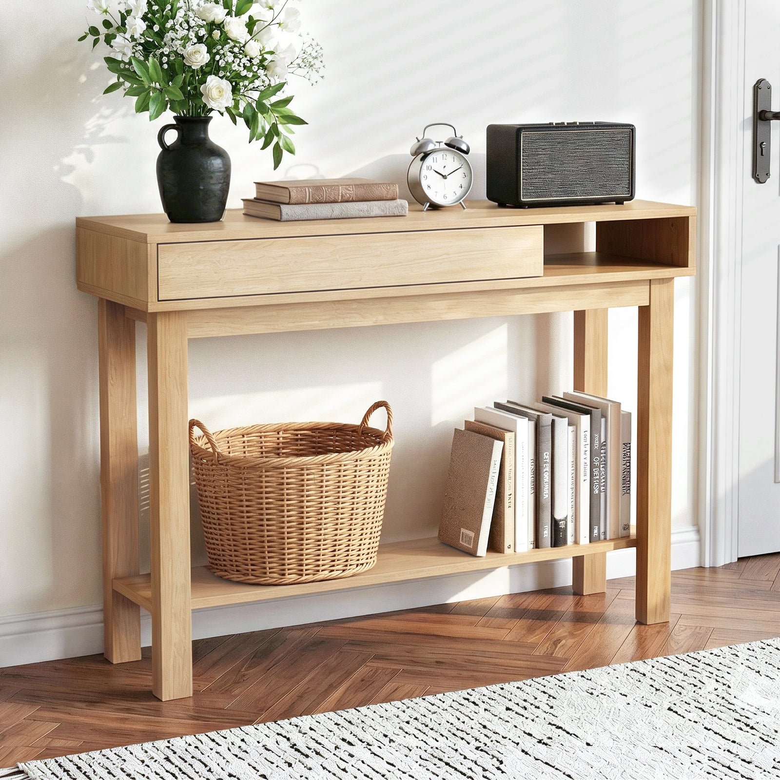 Console Table | 100cm Hallway Side Table with Drawer & Shelf | Wood Look