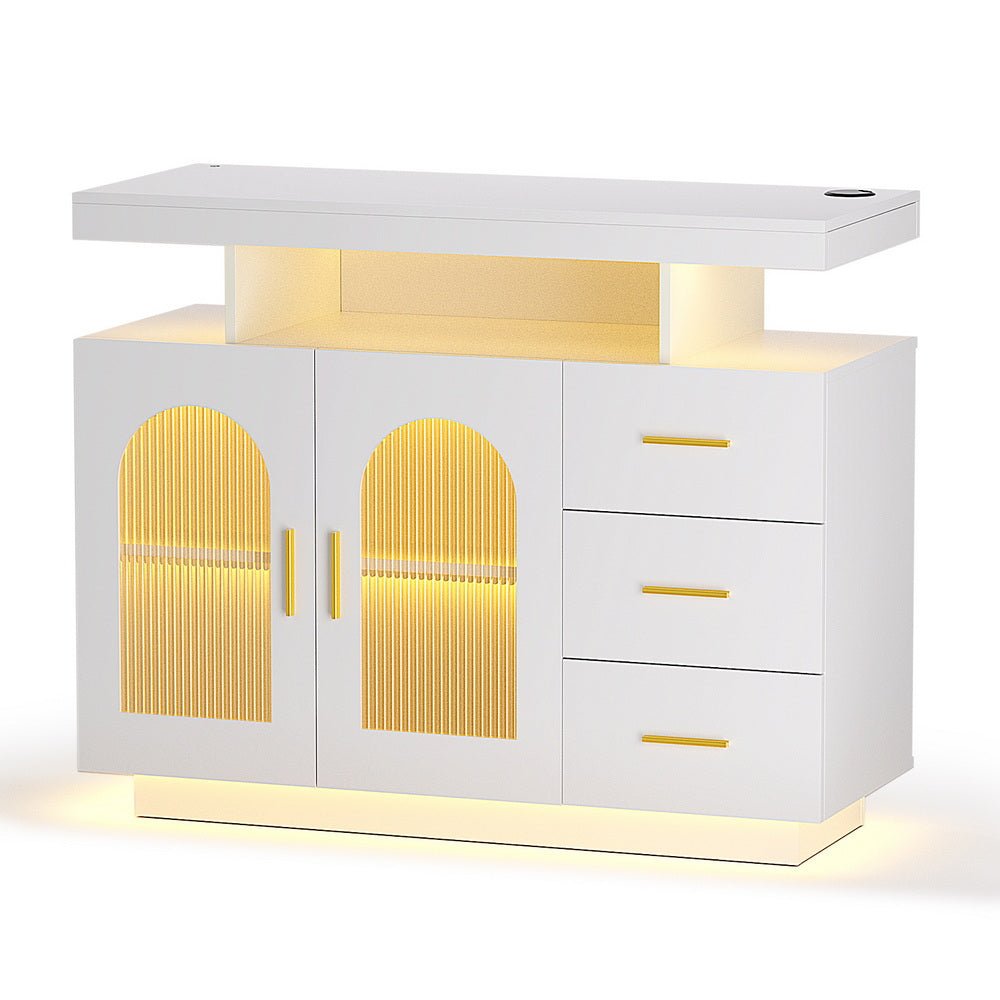 Buffet Sideboard Cabinet | LED Clear Doors | Kitchen Storage | Drawers | White