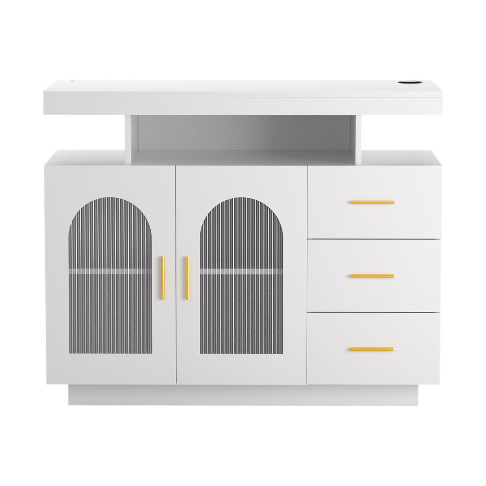 Buffet Sideboard Cabinet | LED Clear Doors | Kitchen Storage | Drawers | White