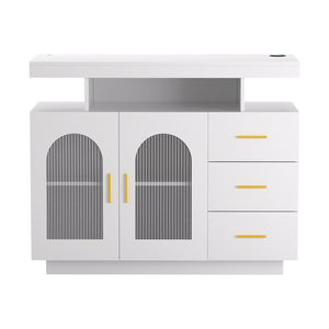 Buffet Sideboard Cabinet | LED Clear Doors | Kitchen Storage | Drawers | White