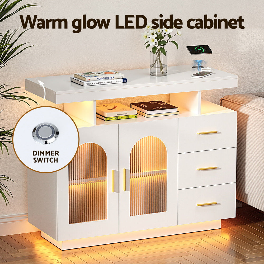 Buffet Sideboard Cabinet | LED Clear Doors | Kitchen Storage | Drawers | White