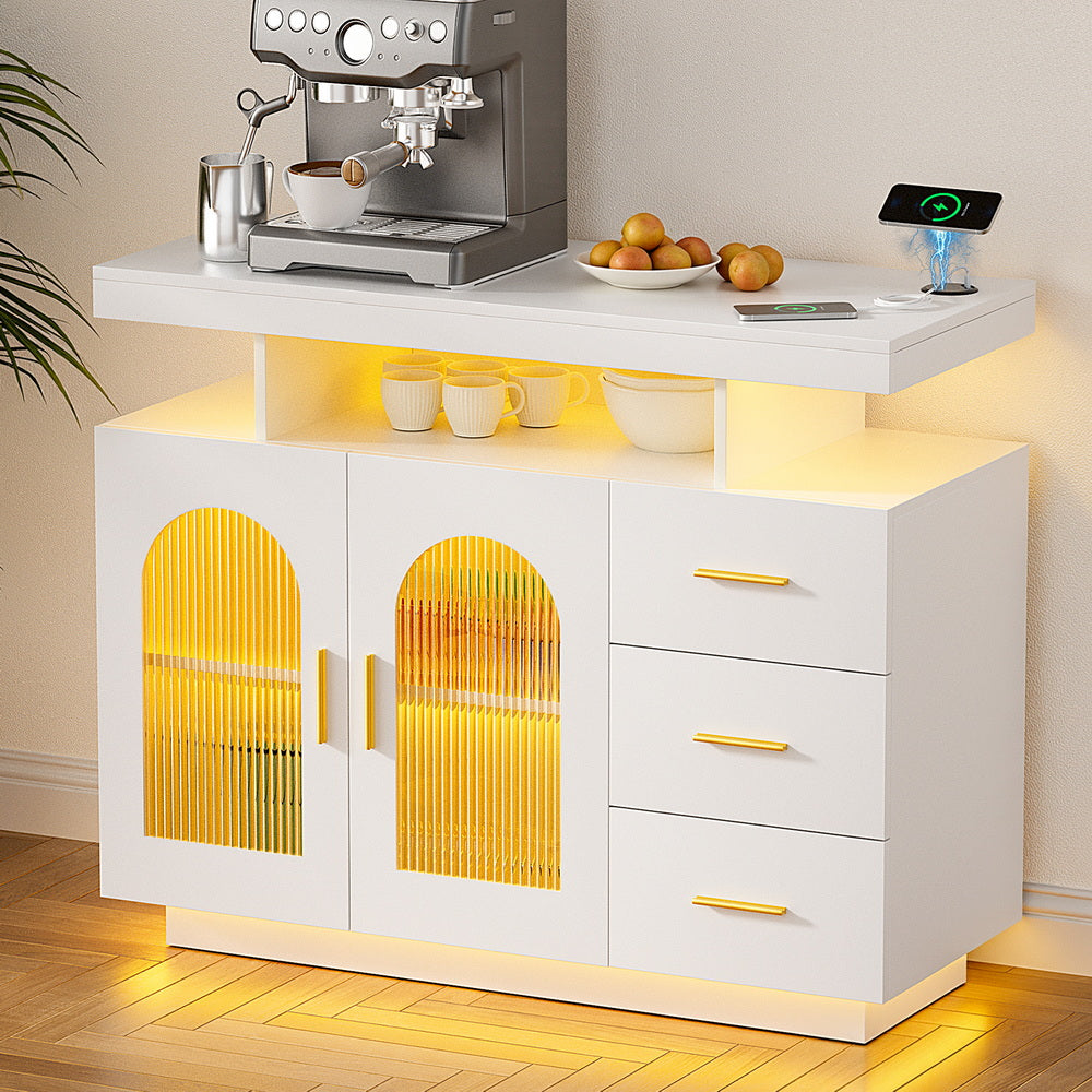 Buffet Sideboard Cabinet | LED Clear Doors | Kitchen Storage | Drawers | White