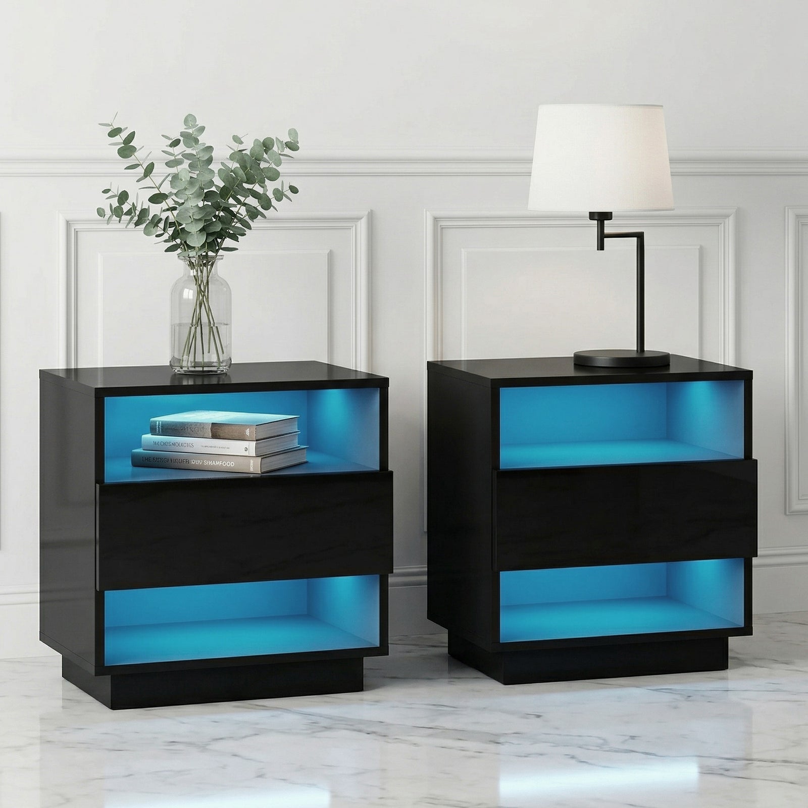LED Bedside Tables | 2 Pack | 2 Shelf Design | Black