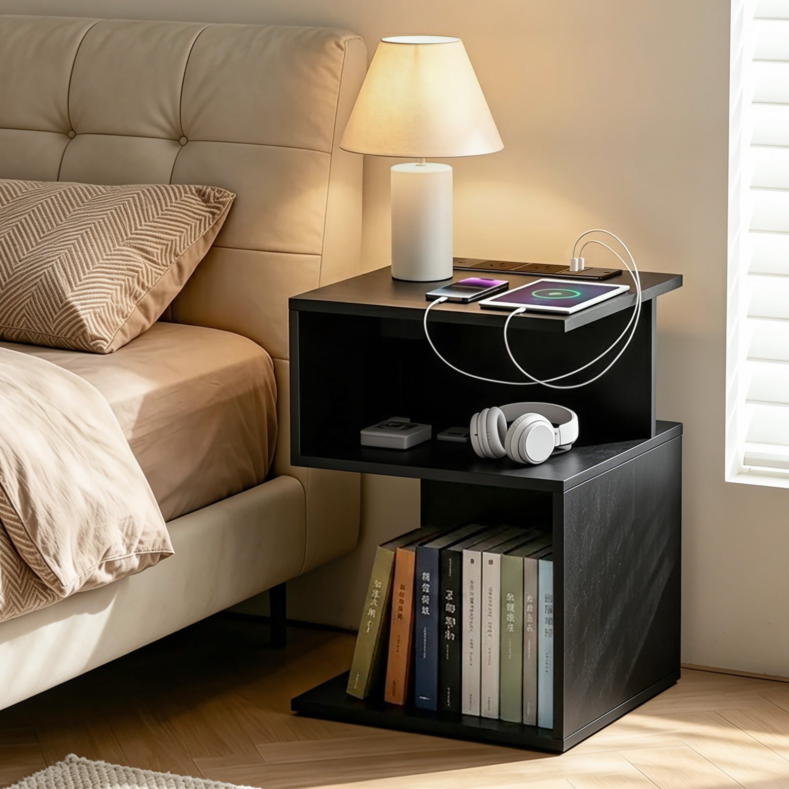Bedside Table | S-Shaped 2 Shelf Nightstand with Charging Station | Black