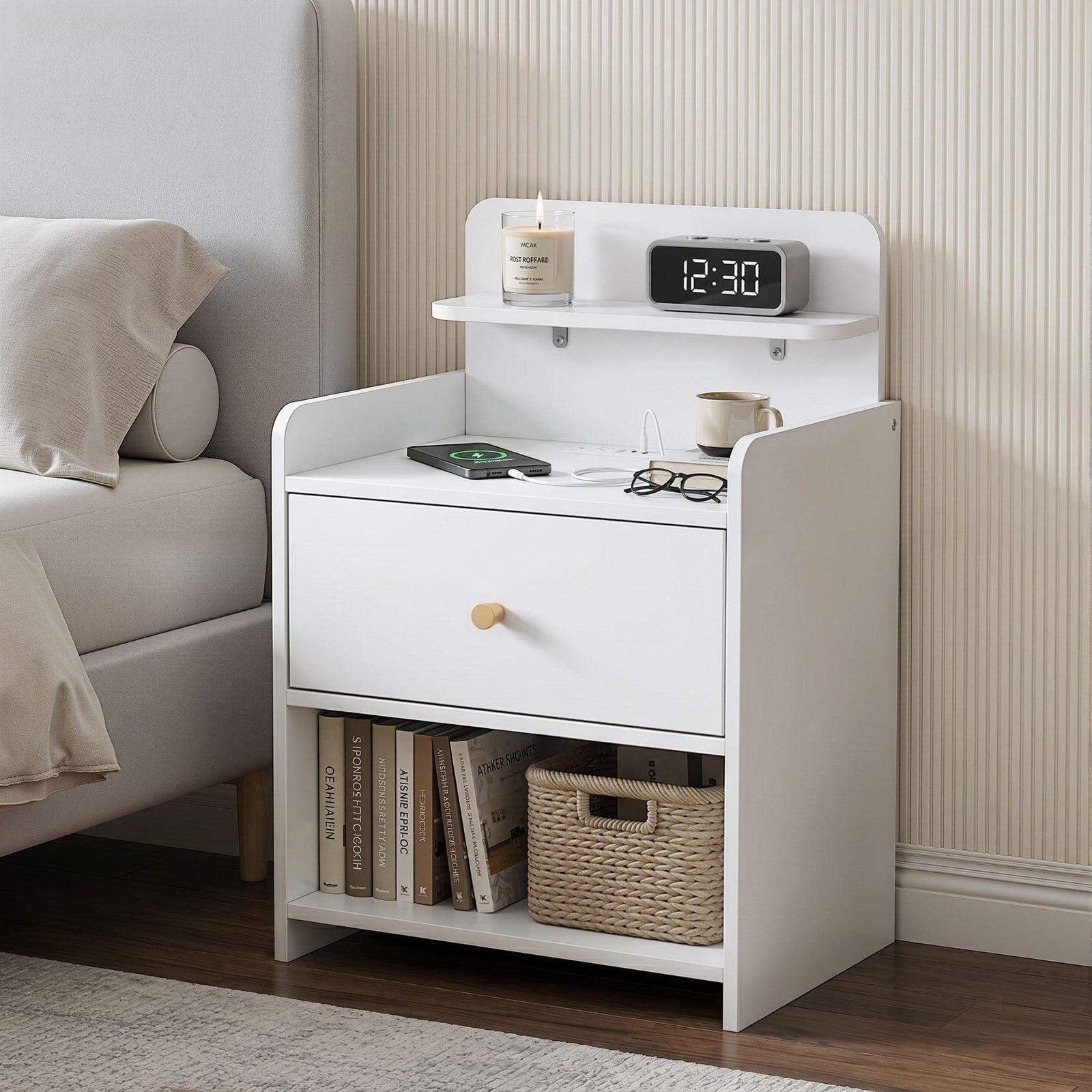 Bedside Table | Single Drawer Nightstand with Charging Station | White