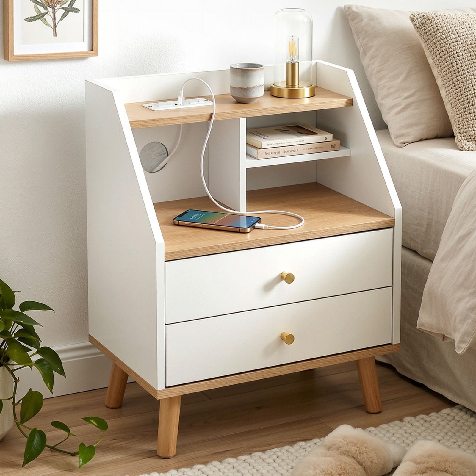 Bedside Table | 2 Drawers & Charging Station | White & Pine