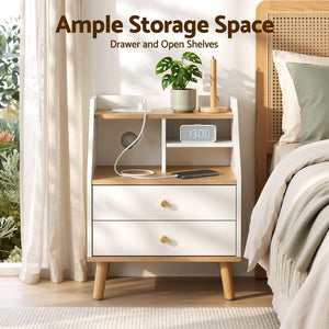 Artiss Bedside Table 2 Drawers Charging Station White and Pine