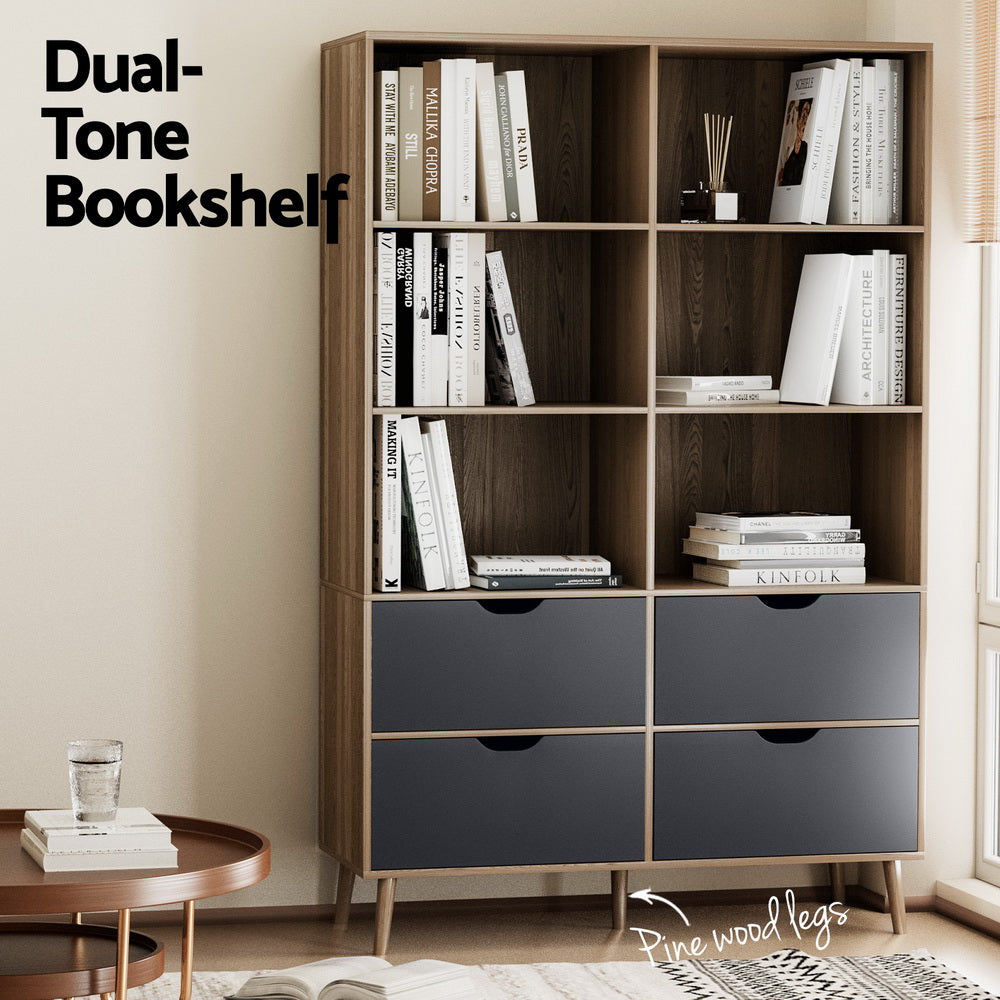 Artiss Bookshelf with 4 Drawers | MITZI | Oak and Blue