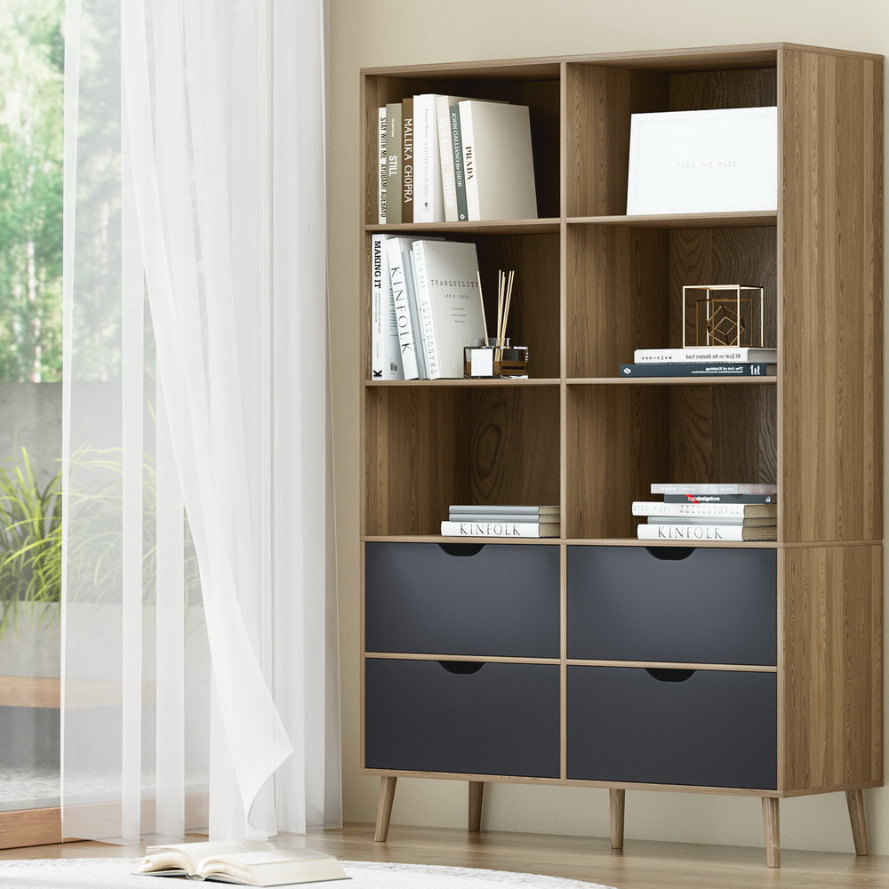 Artiss Bookshelf with 4 Drawers | MITZI | Oak and Blue