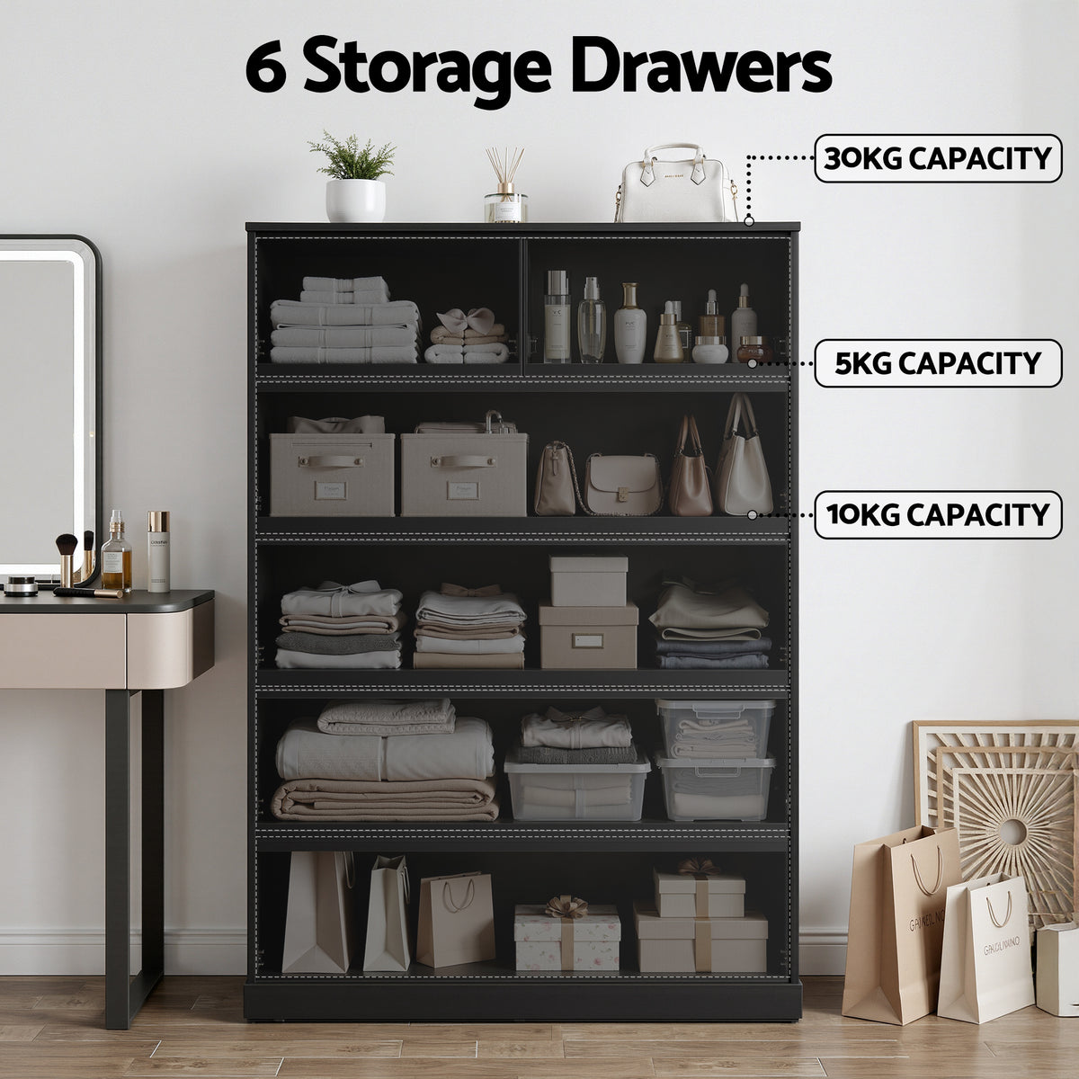 Tallboy Chest of Drawers | 6 Drawer Storage Cabinet | Black
