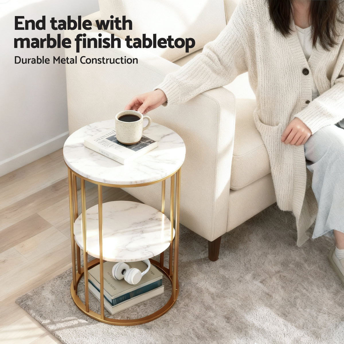 Coffee Table | 2 Tier Round | Marble Effect Top | White & Gold