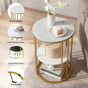 Coffee Table | 2 Tier Round | Marble Effect Top | White & Gold