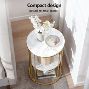 Coffee Table | 2 Tier Round | Marble Effect Top | White & Gold