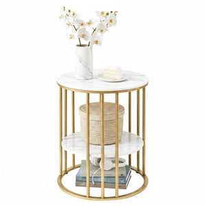 Coffee Table | 2 Tier Round | Marble Effect Top | White & Gold