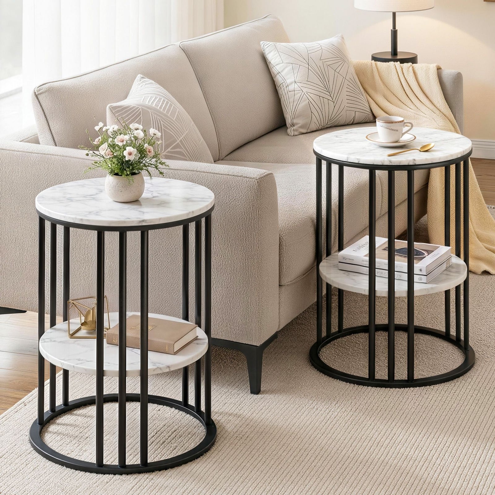 Round Side Tables | 2 Pack | 2-Tier Marble Look Coffee Tables