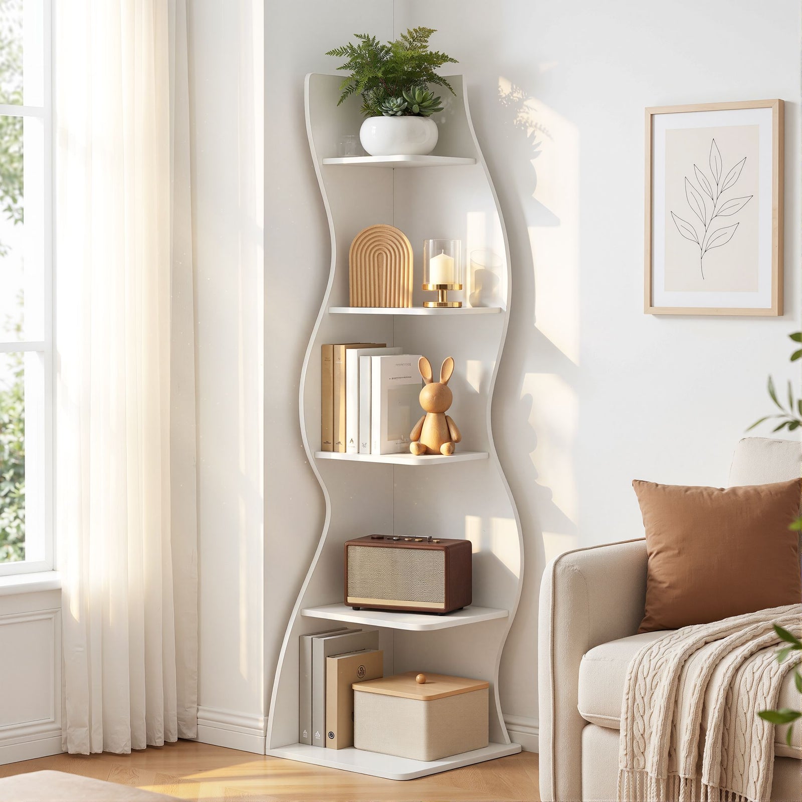 Corner Bookshelf | 5-Tier S-Shaped Storage Rack | White