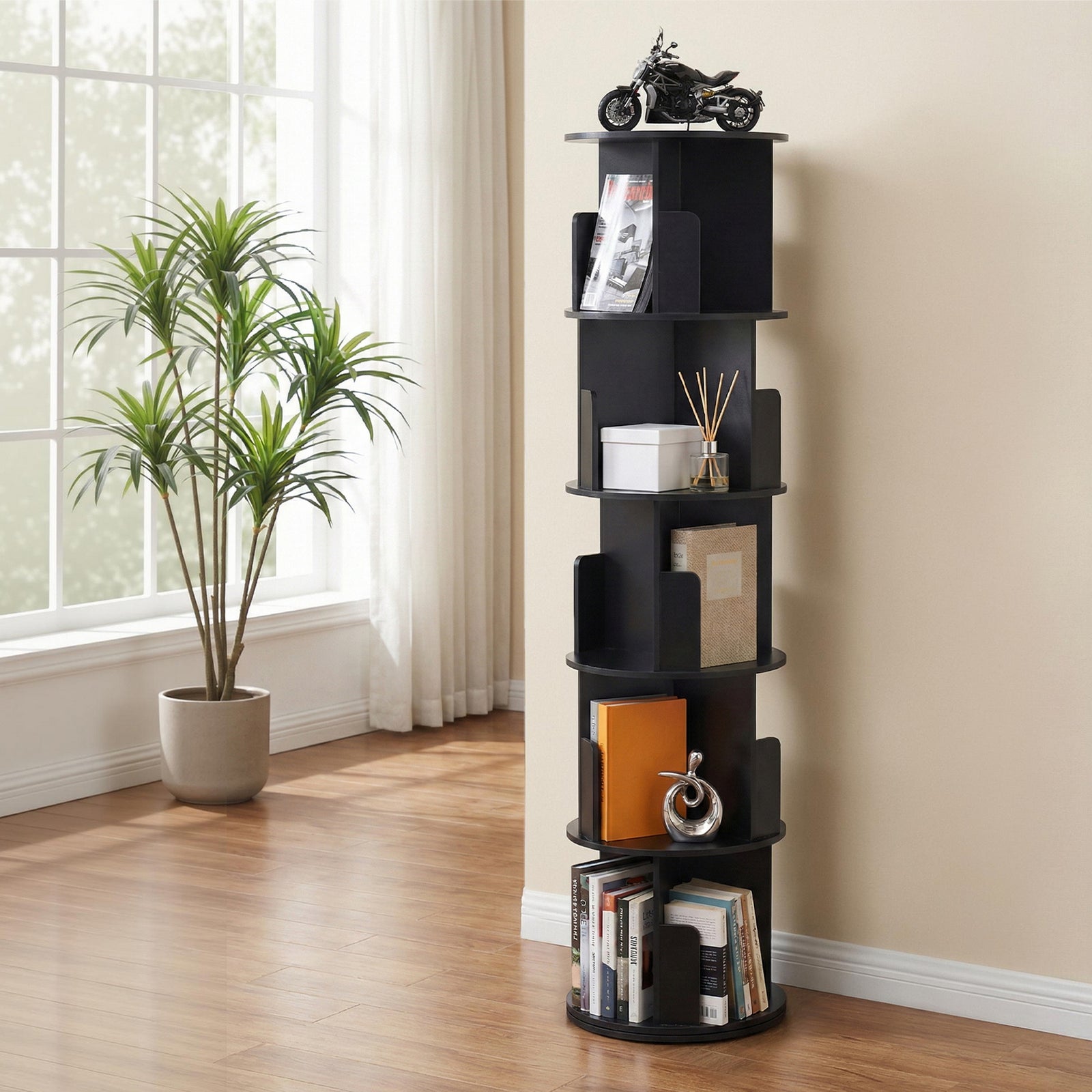 Swivel Bookshelf | 5-Tier Rotating Display Stand | Round Black
