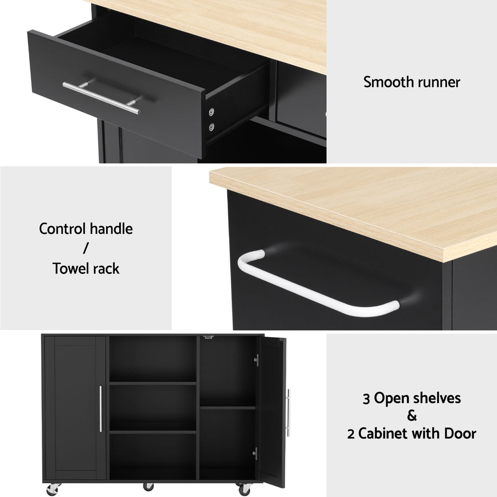 Kitchen Island Trolley 100cm | Rolling Serving Cart | Storage Drawer Cabinet | Black