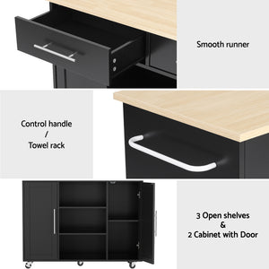 Kitchen Island Trolley 100cm | Rolling Serving Cart | Storage Drawer Cabinet | Black