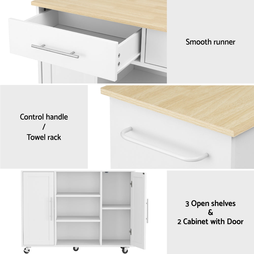 Kitchen Island Trolley 100cm | Rolling Serving Cart | Storage Drawer Cabinet | White