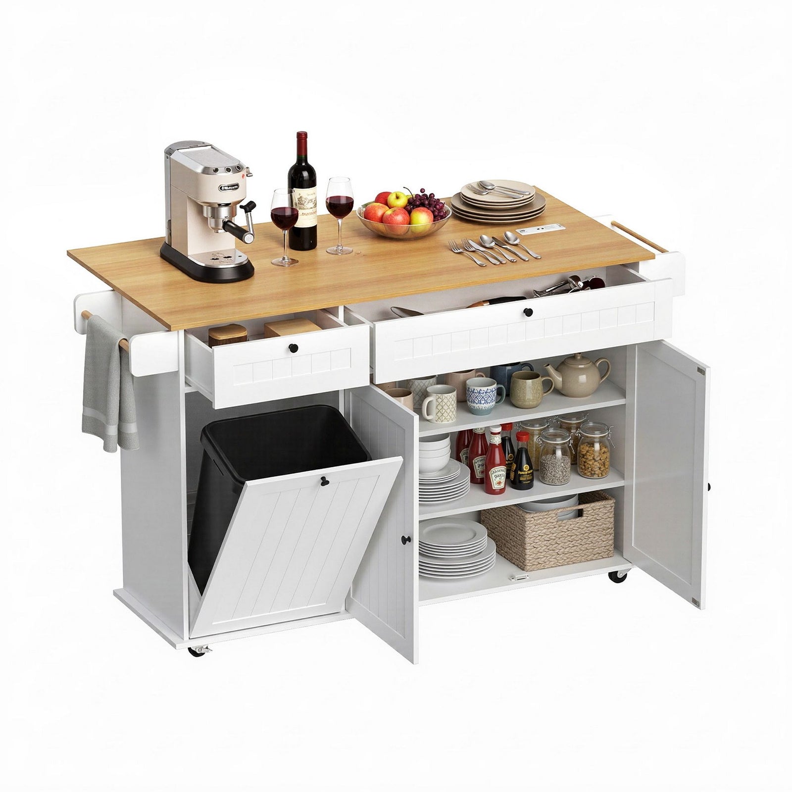 Kitchen Island Trolley | Rolling Serving Cart with Storage Drawers | 150cm White