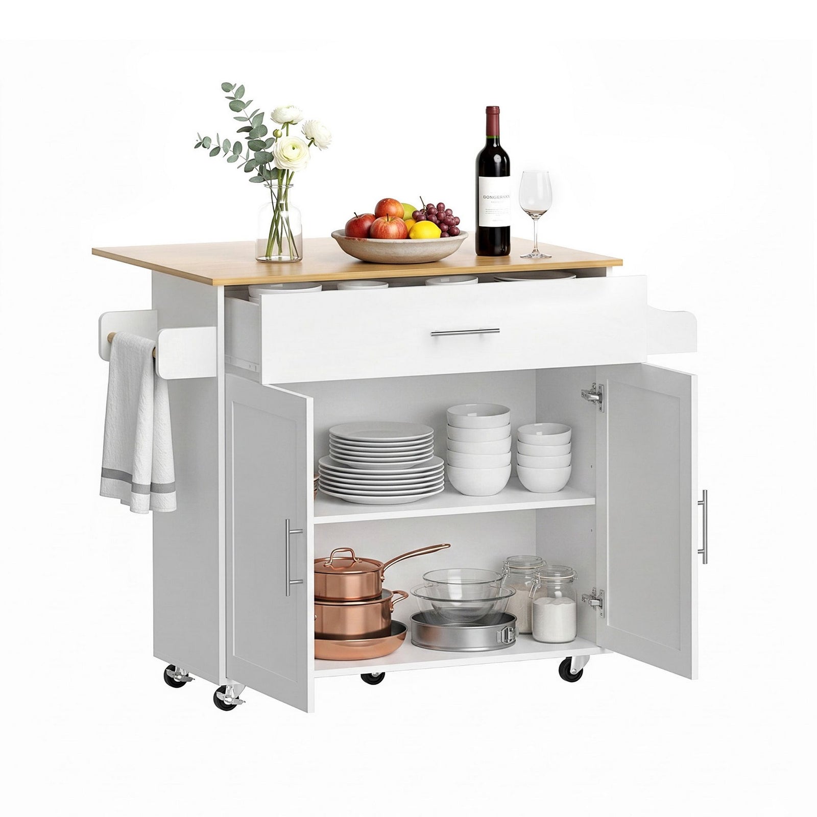 Kitchen Island Trolley | Rolling Serving Cart with Storage Drawers | 90cm White
