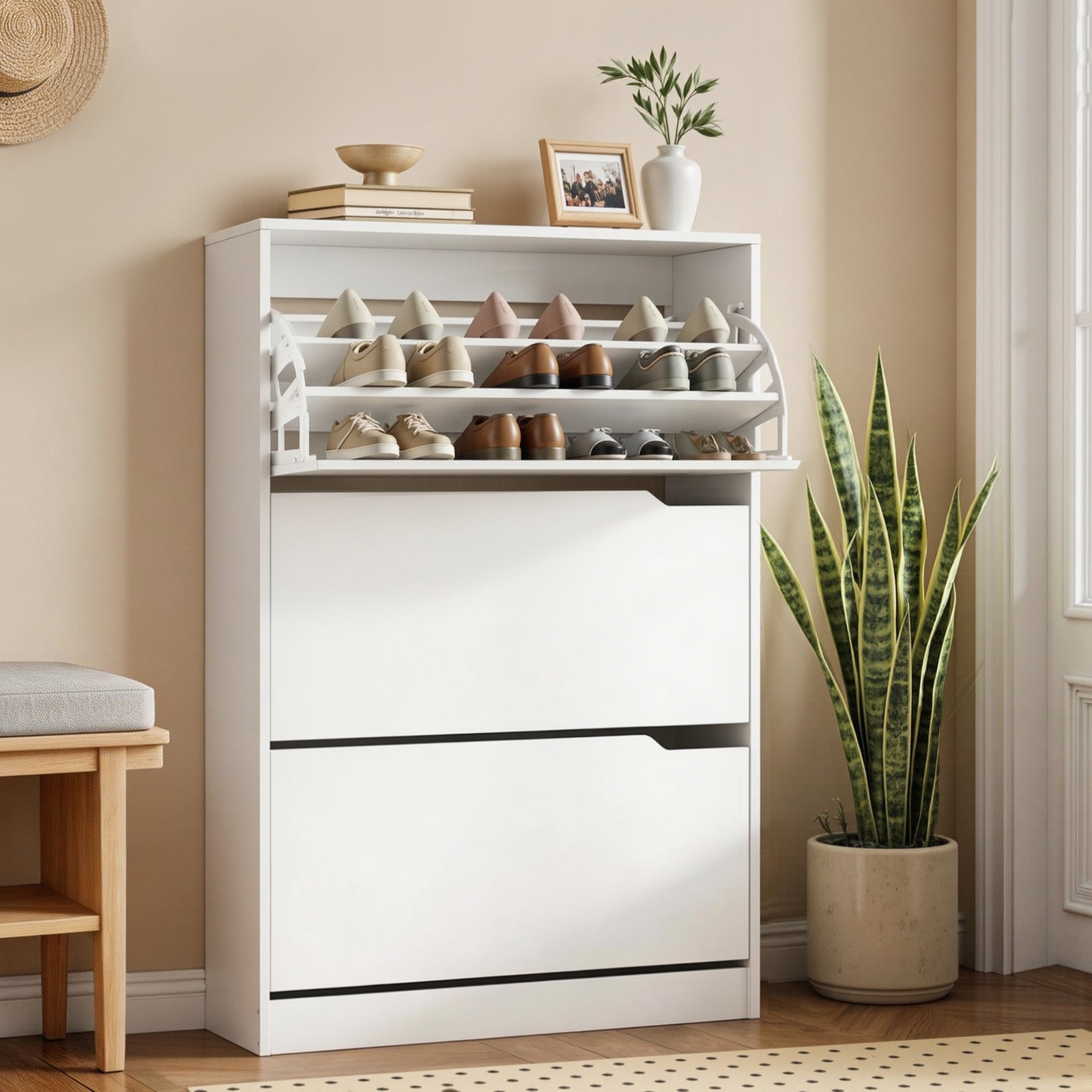 Shoe Rack Cabinet | 24 Pair Storage with Adjustable Shelf | White