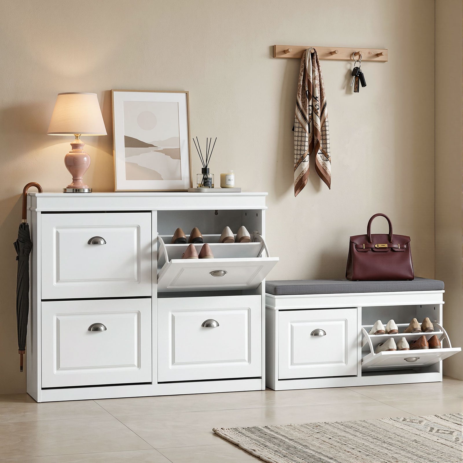 Shoe Cabinet Bench Set | Flip Drawer Hallway Storage | White