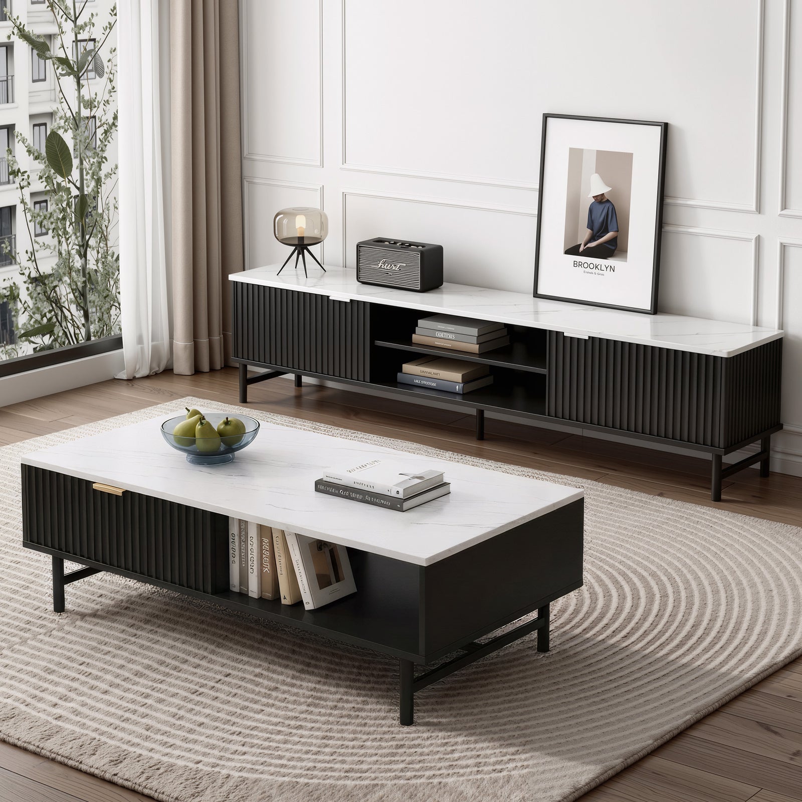 TV Unit & Coffee Table Set | Storage Shelf Design | Black