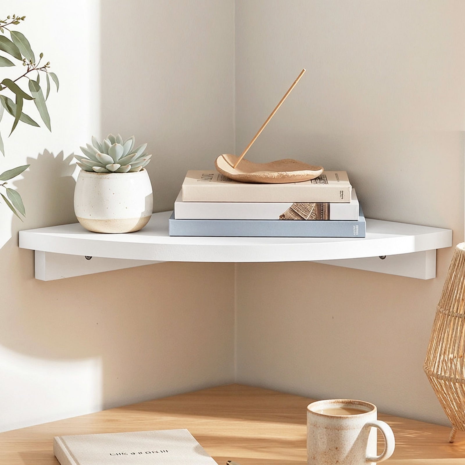 Corner Floating Wall Shelf | Round Edge Display Shelf | White