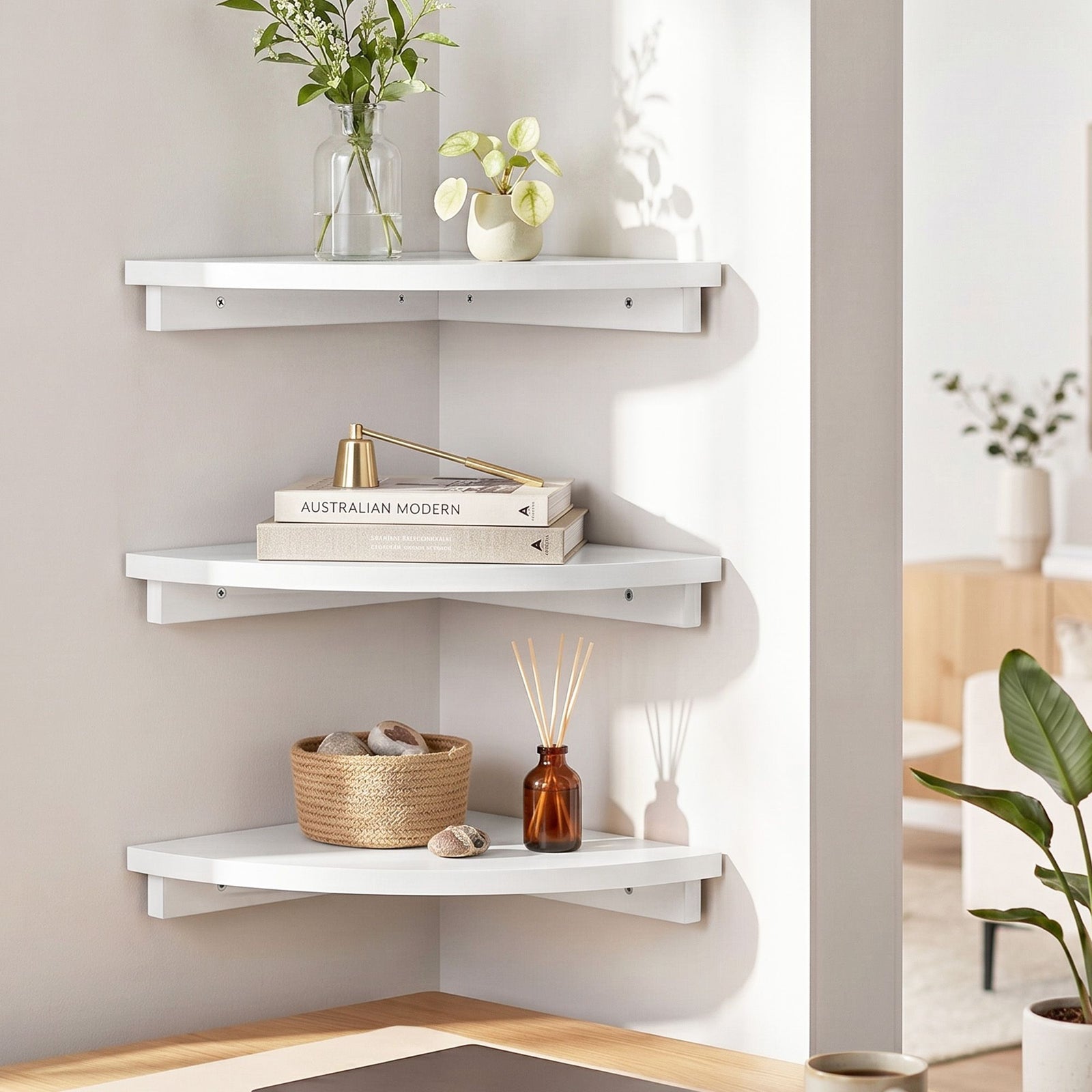 Corner Floating Wall Shelves | 3 Piece Set | Round Edge Display Shelves | White