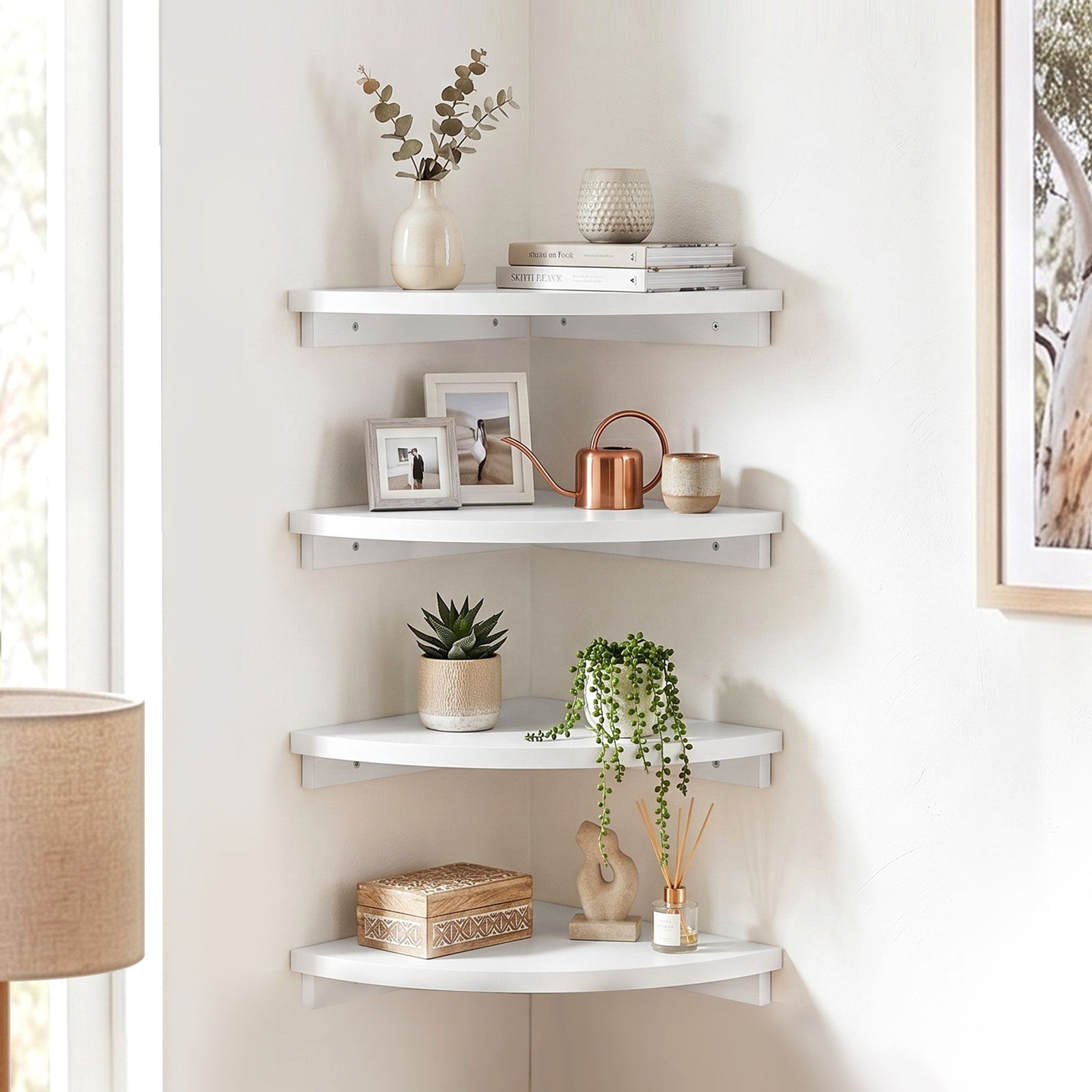 Corner Floating Wall Shelves | 4 Piece Set | Round Edge Display Shelves | White