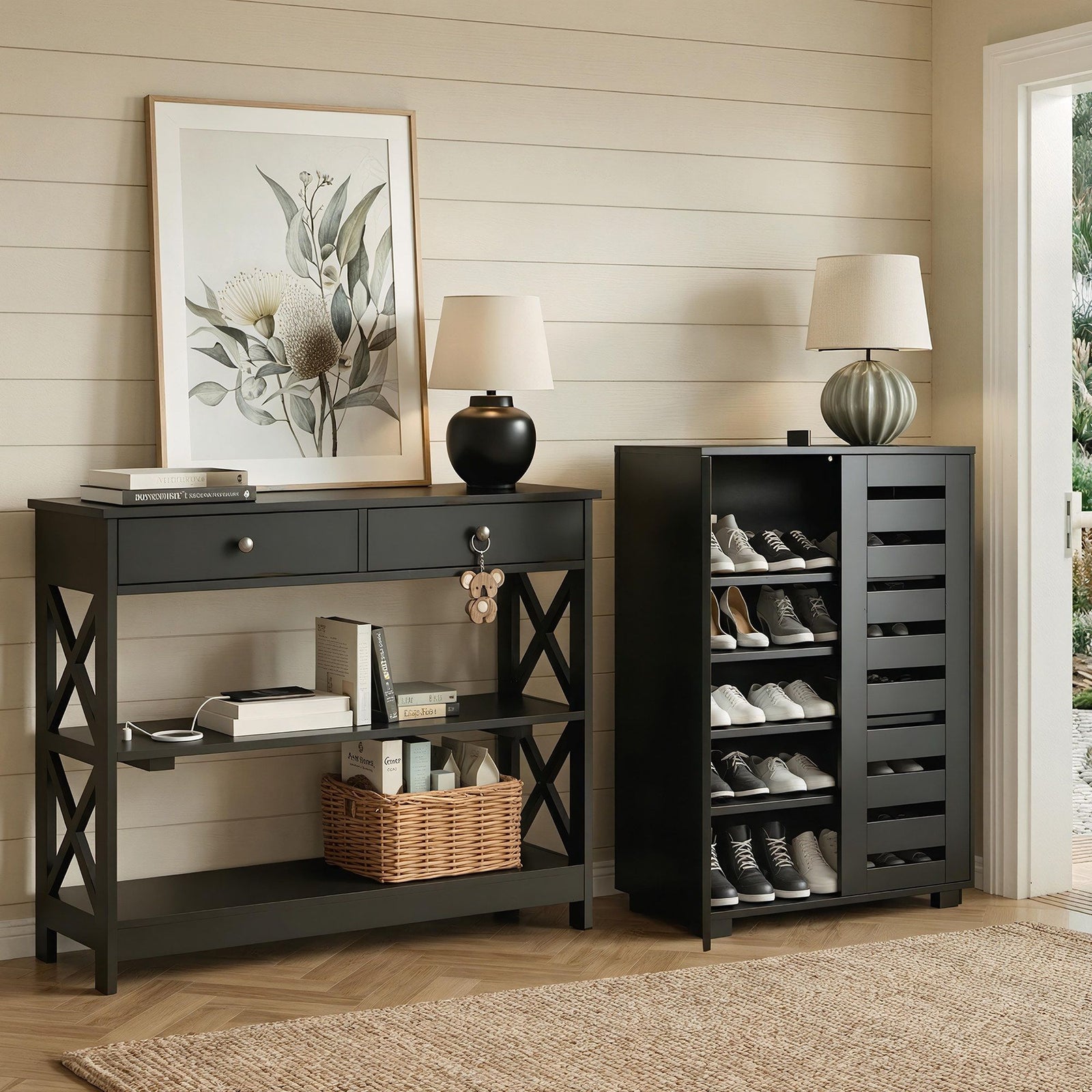 Shoe Rack Cabinet & Console Table Set | Storage Shelf | Black