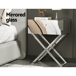 Artiss Mirrored Bedside Table Drawers Side Table Storage Nightstand Silver MOCO