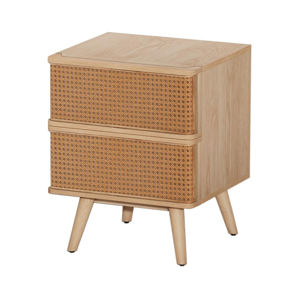 Rattan Bedside Table | Drawers | Side End Table | Storage | Nightstand | Oak | NORA