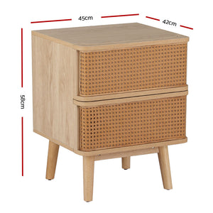 Rattan Bedside Table | Drawers | Side End Table | Storage | Nightstand | Oak | NORA