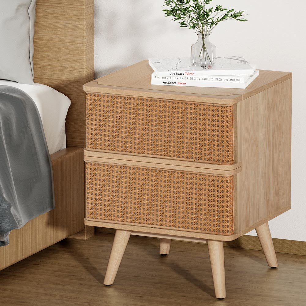 Rattan Bedside Table | Drawers | Side End Table | Storage | Nightstand | Oak | NORA