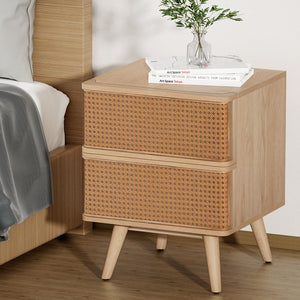 Rattan Bedside Table | Drawers | Side End Table | Storage | Nightstand | Oak | NORA