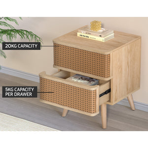 Rattan Bedside Table | Drawers | Side End Table | Storage | Nightstand | Oak | NORA