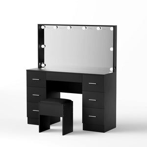 Vanity Desk + Stool | 10 LED Bulbs | Black Finish
